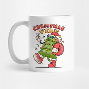 Christmas vibe. Christmas tree cartoon mascot carries a bag of gifts Mug